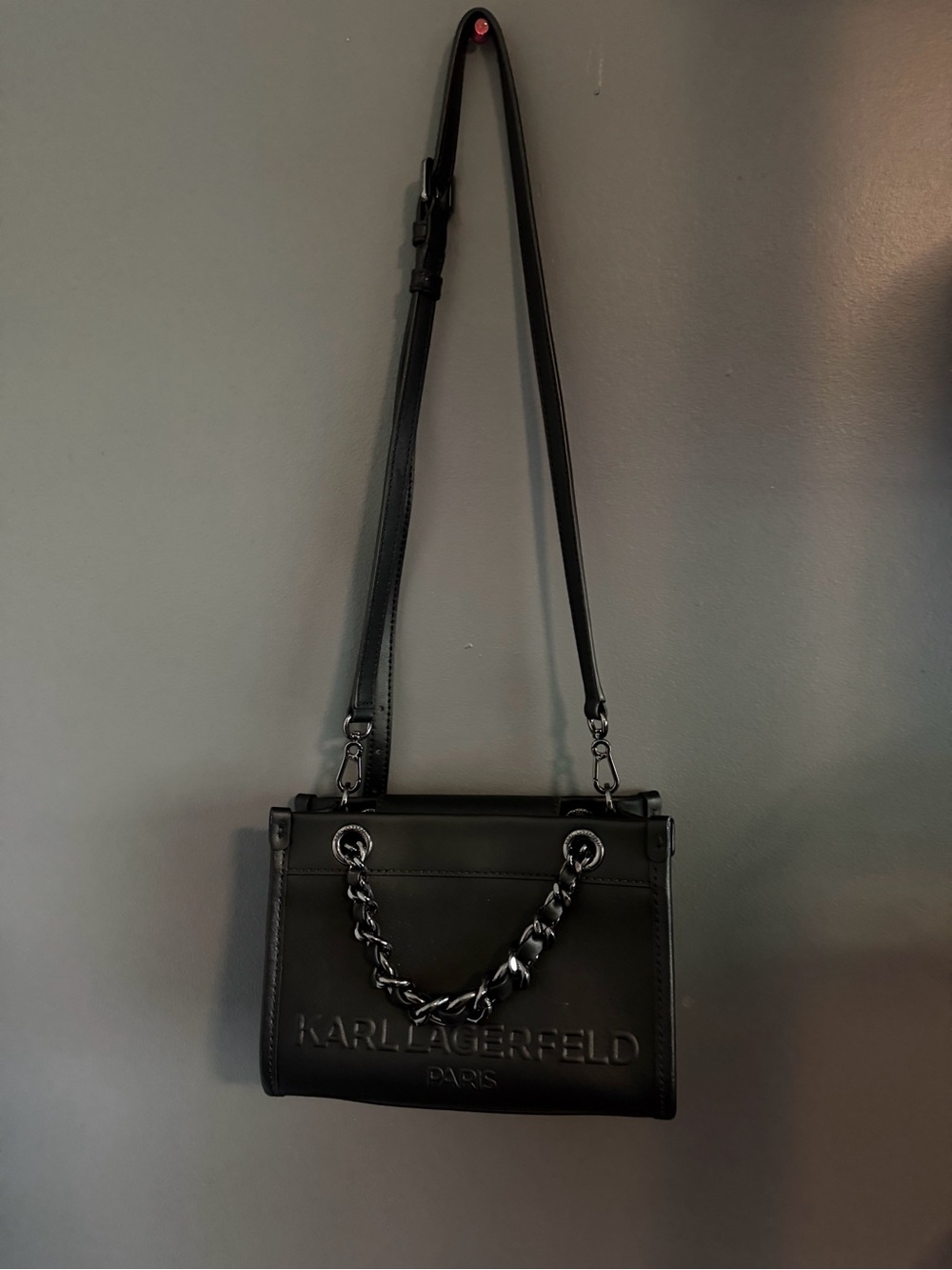 Karl Lagerfeld Black Leather Shoulder Bag with Chain Accent